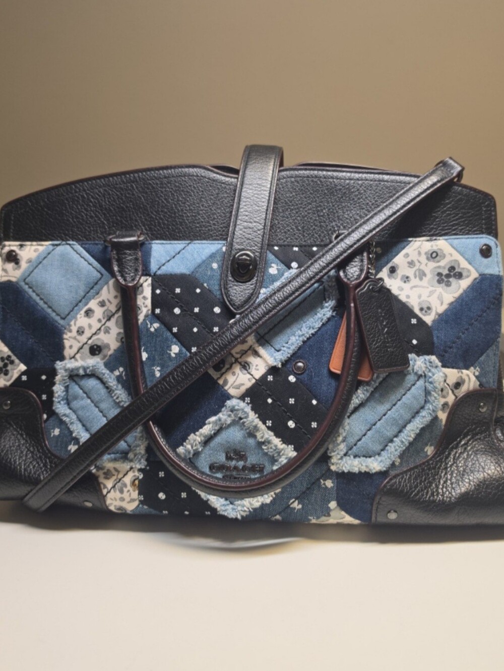 COACH Patchwork Denim Leather Satchel Handbag